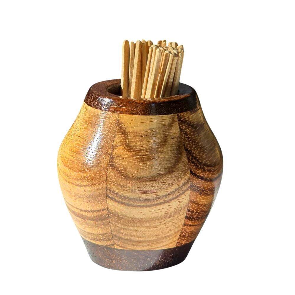 Handmade Toothpick Holder of Marquetry Pieced and Turned Wood